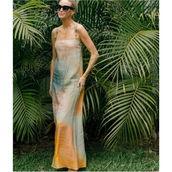 STAUD Sz L Large Laura Linen Dress Pastel Clouds Maxi Beaded Straps NWT - Picture 10 of 12